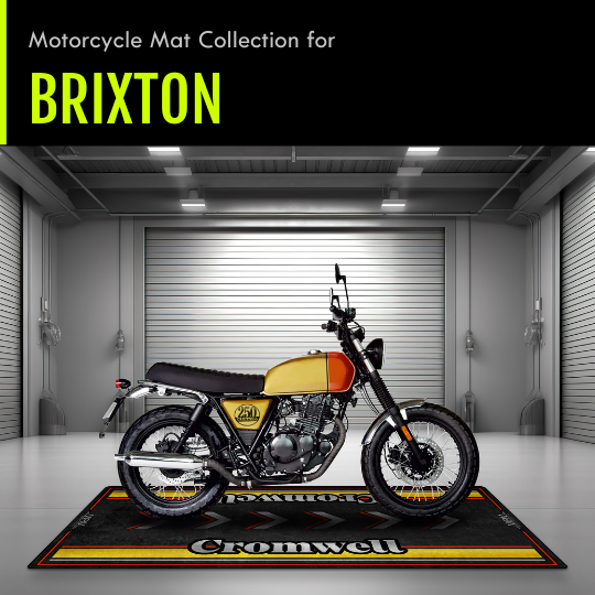 Brixton motorcycle garage mat featuring a classic-style Brixton motorcycle displayed on a custom pit mat, designed for Brixton models with a retro aesthetic and garage floor protection focus.