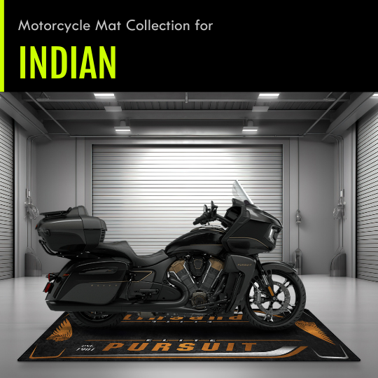 Indian motorcycle parked on a custom MPM motorcycle mat in a garage, showcasing premium design suitable for various Indian motorcycle models.