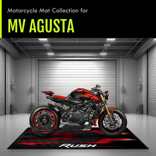 Premium motorcycle mat crafted for MV Agusta motorcycles, designed to protect garage floors while enhancing aesthetics, available in custom and pre-made designs compatible with all MV Agusta models.