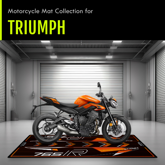 Triumph motorcycle collection display mat showcasing premium garage, pit, and parking rugs designed for Bonneville, Street Triple, Tiger, Rocket 3, and all Triumph models.