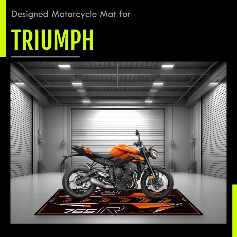 Triumph Motorcycle Display mat collection – premium garage, pit and parking rugs for Bonneville, Street Triple, Tiger and all Triumph models.