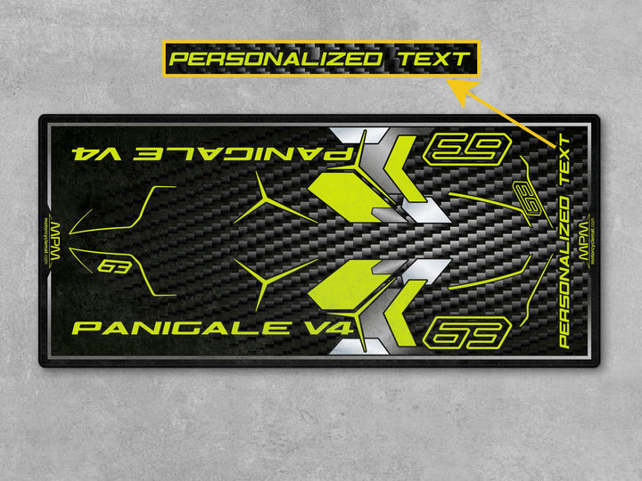 Ducati Panigale V4 Lamborghini Edition Black-Green Custom Motorcycle Garage mat, gift for riders, motorcycle display rug, carpet, Thermoplastic Rubber.
