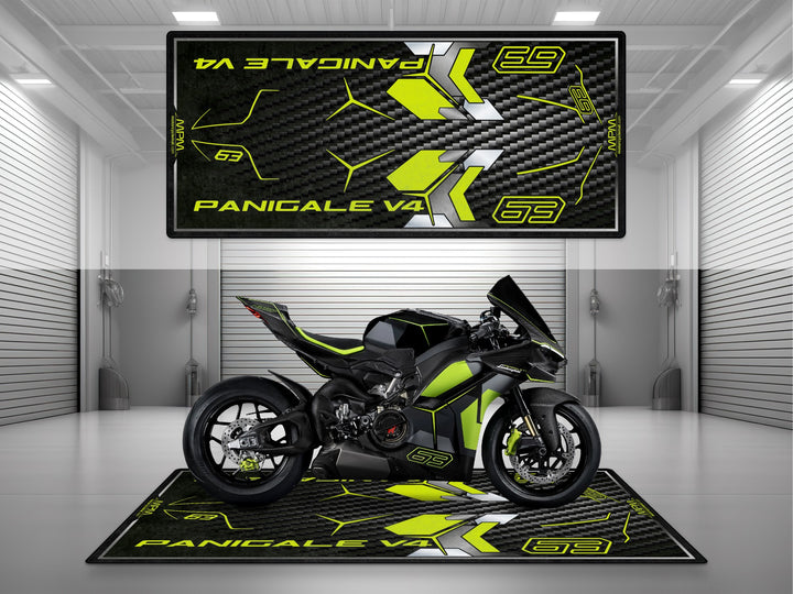 Ducati Panigale V4 Lamborghini Edition Black-Green Motorcycle Garage mat, parking mat, pit mat, showroom display, garage floor protection.
