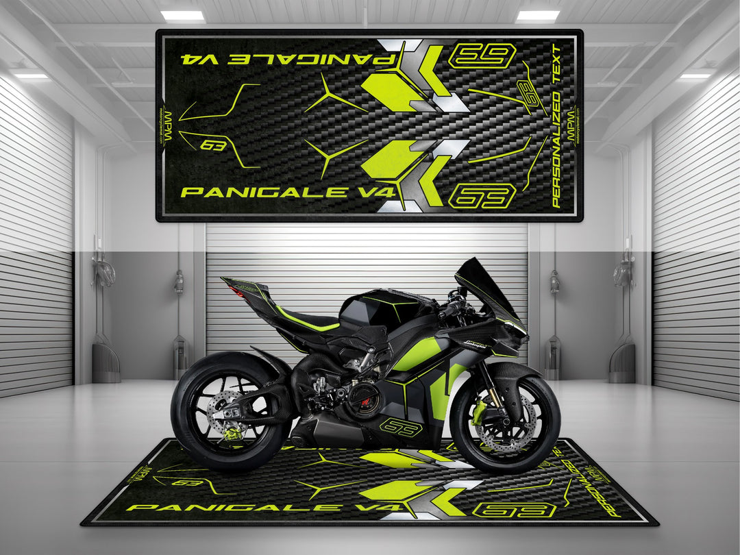 Ducati Panigale V4 Lamborghini Edition Black-Green Personalized Motorcycle Garage mat, custom pit rug, racetrack prep, accessory, motorcycle gear.
