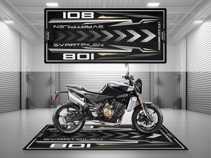 Husqvarna Svartpilen 801 Black Personalized Motorcycle Garage mat, custom pit rug, bike zone floor cover, rider gear accessory.
