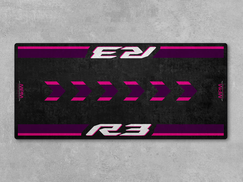 Floor cover rug for Yamaha R3, a perfect parking mat for motorcycle gear and rider essentials.

