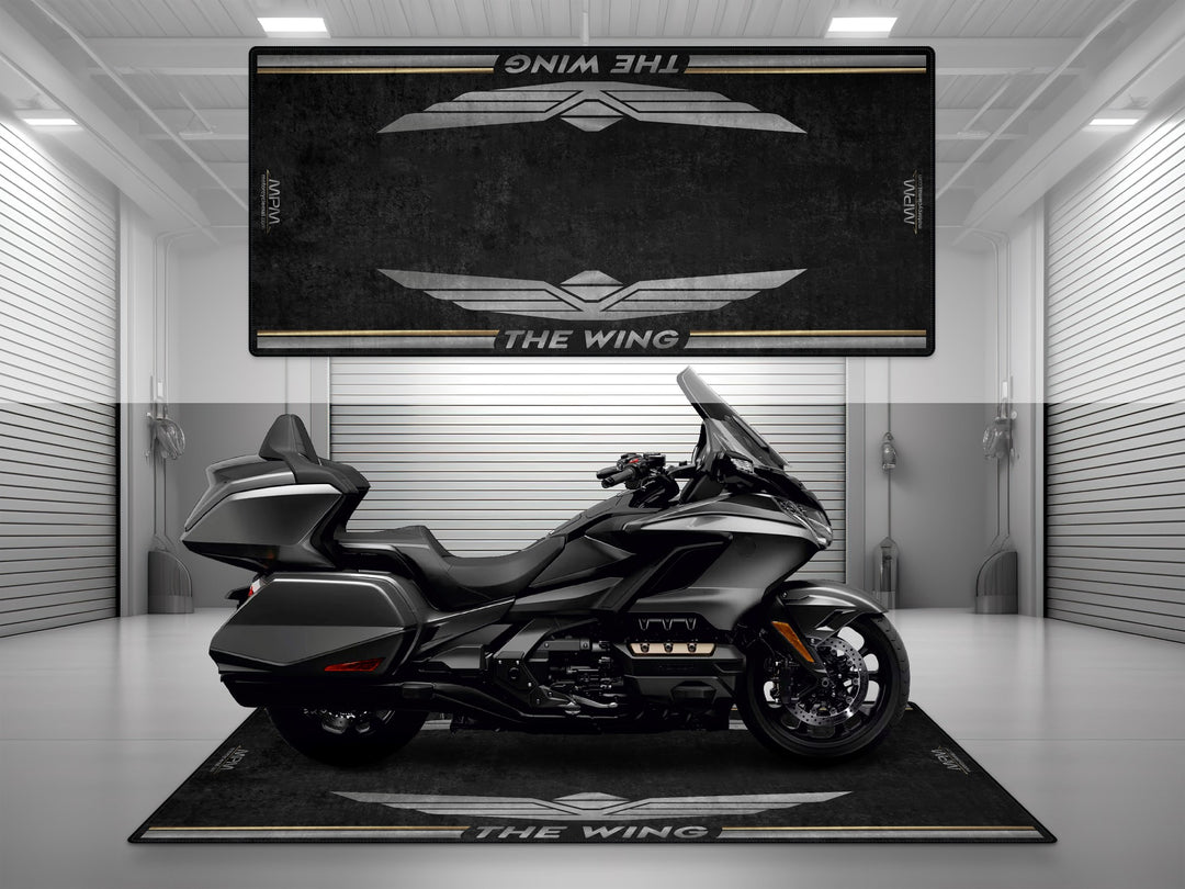 Gray Metallic garage mat designed for Honda Goldwing. Durable Thermoplastic Rubber pit mat for garage floor protection and parking use.
