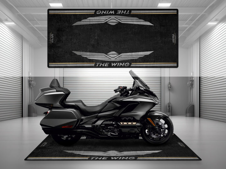 Gray Metallic garage mat designed for Honda Goldwing. Durable Thermoplastic Rubber pit mat for garage floor protection and parking use.
