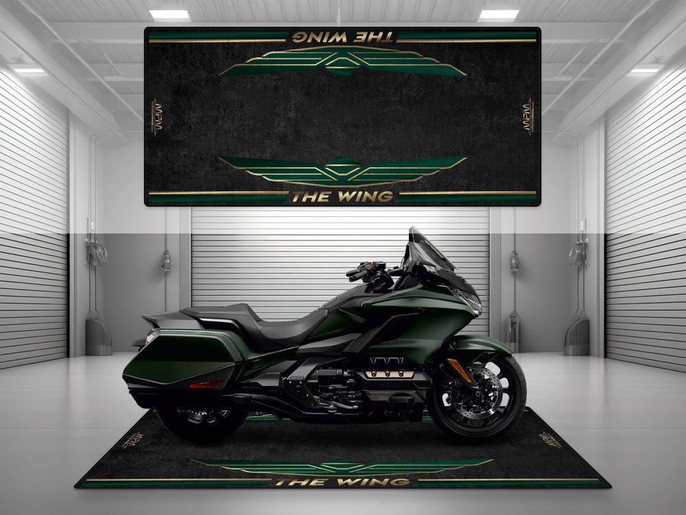 Garage mat for Honda Goldwing Matte Armored Green. Thermoplastic Rubber floor cover for garage floor protection and racetrack durability.

