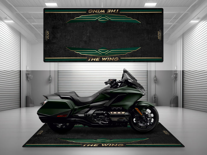 Garage mat for Honda Goldwing Matte Armored Green. Thermoplastic Rubber floor cover for garage floor protection and racetrack durability.


