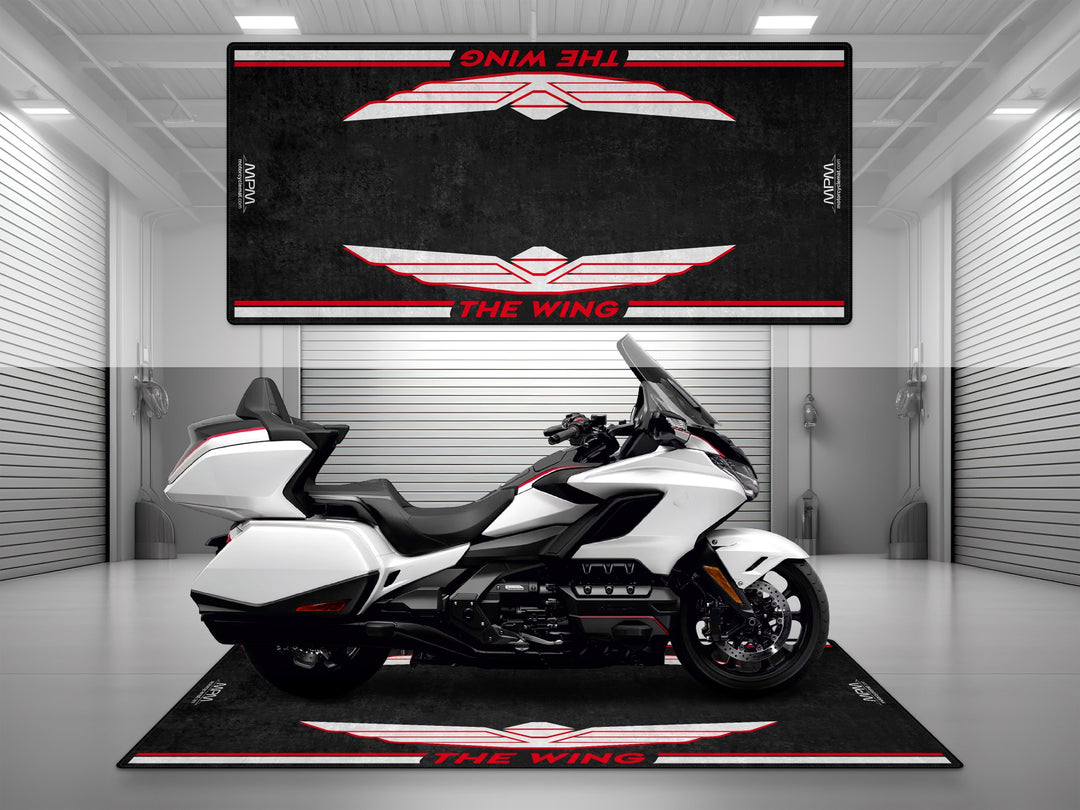 Garage mat for Honda Goldwing Pearl White. Thermoplastic Rubber floor cover offering garage floor protection with a sleek showroom finish.
