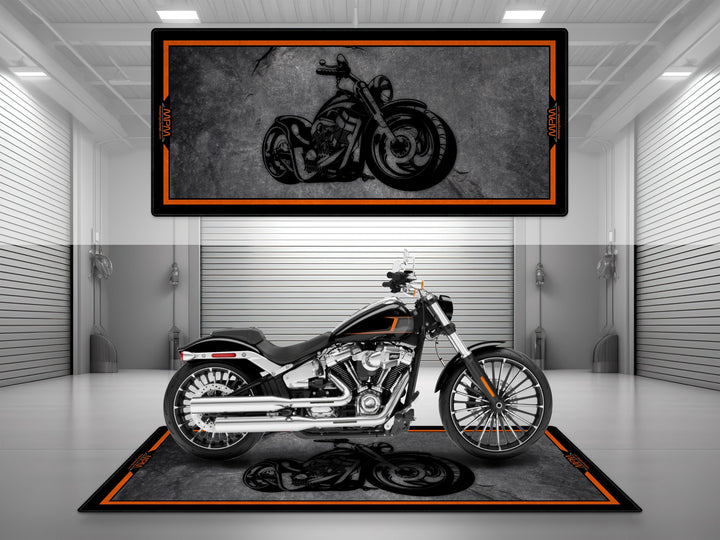 Motorcycle garage pit mat designed for Harley Davidson Cruiser, Touring, Adventure Touring, Sport, Trike, and CVO motorcycles with asphalt design