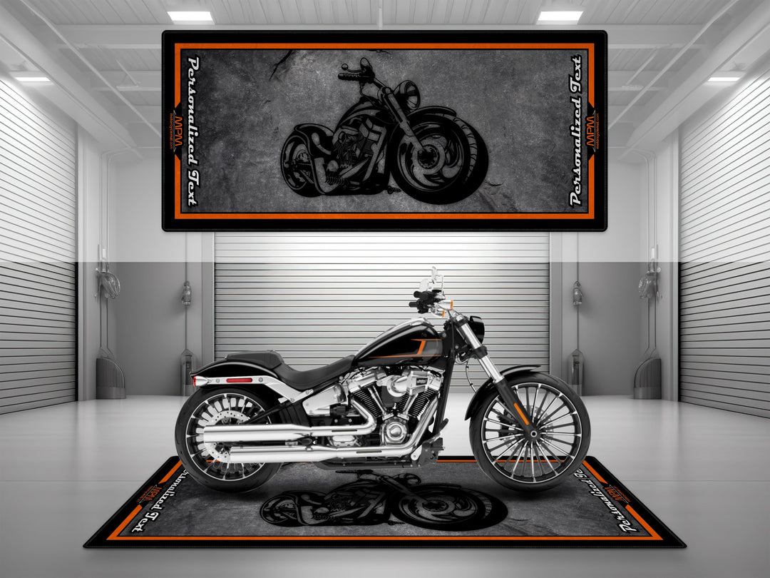 Customizable motorcycle garage pit mat designed for Harley Davidson Cruiser, Touring, Adventure Touring, Sport, Trike, and CVO motorcycles with asphalt design