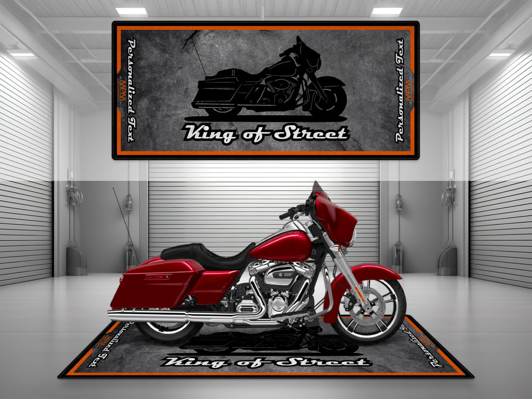 Customizable motorcycle garage pit mat designed for Harley Davidson Street Glide in Asphalt