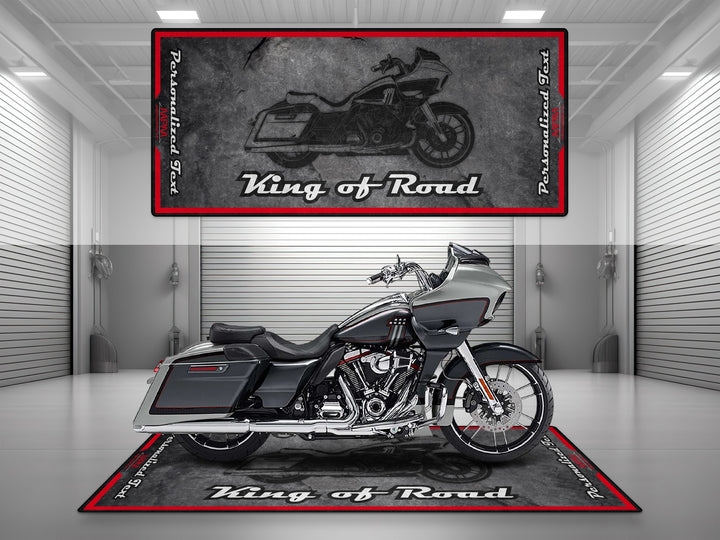 Customizable motorcycle garage pit mat designed for Harley Davidson Road Glide in Asphalt