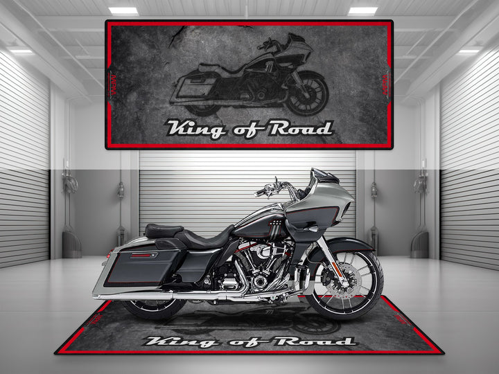 Motorcycle garage pit mat designed for Harley Davidson Road Glide in Asphalt