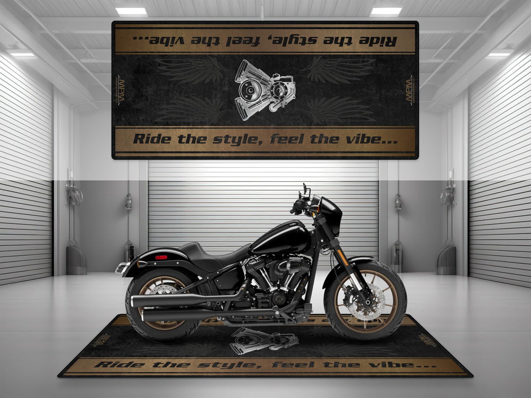 Motorcycle garage pit mat designed for Harley Davidson Low Rider in Vivid Black color.