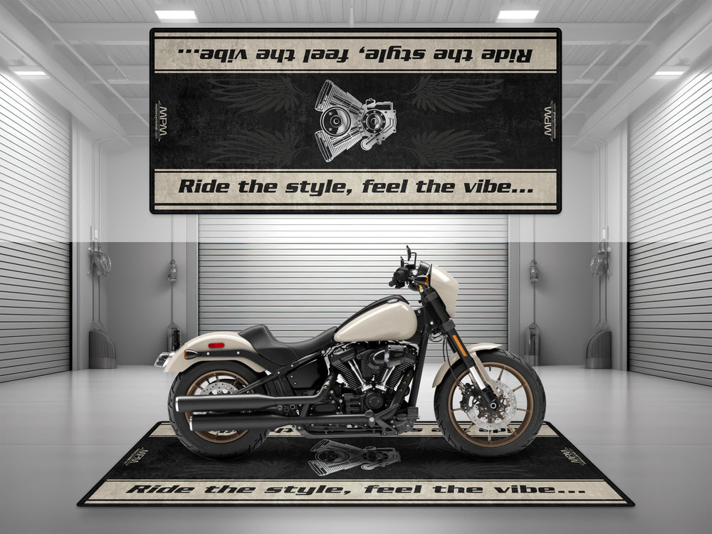 Motorcycle garage pit mat designed for Harley Davidson Low Rider in White Sand Pearl color