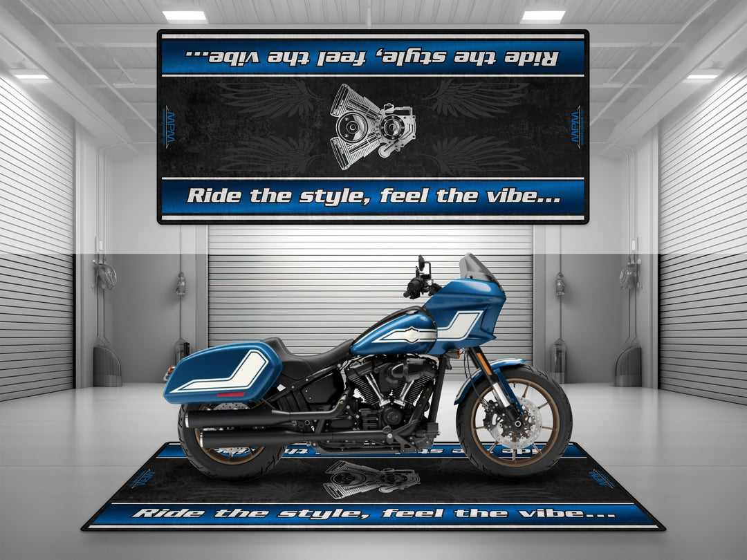Motorcycle garage pit mat designed for Harley Davidson Low Rider ST in Fast Johnnie color.