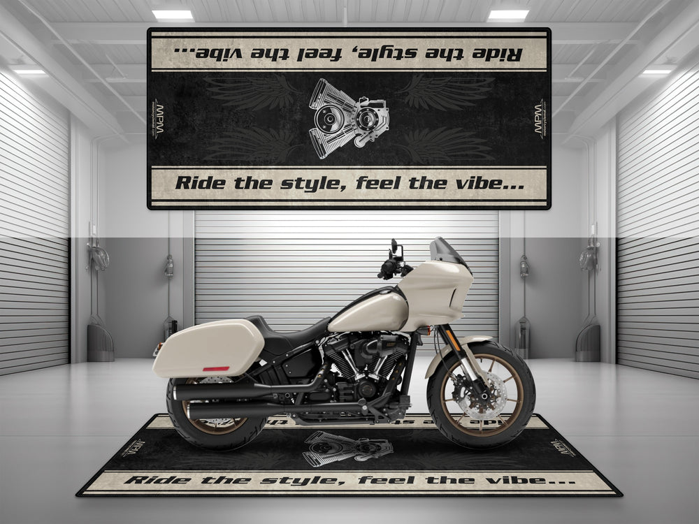Motorcycle garage pit mat designed for Harley Davidson Low Rider ST in White Sand Pearl color