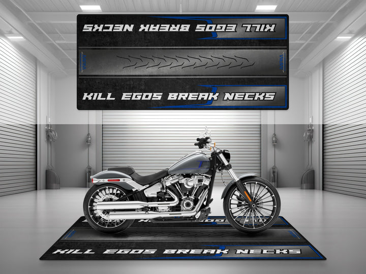 Motorcycle garage pit mat designed for Harley Davidson Breakout in Atlas Silver Metallic color.