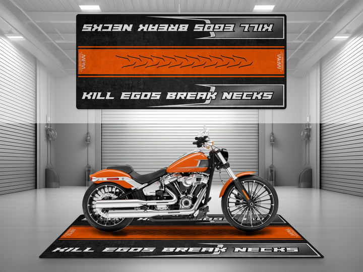 Motorcycle garage pit mat designed for Harley Davidson Breakout in Baja Orange color.