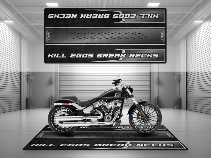 Motorcycle garage pit mat designed for Harley Davidson Breakout in Black Denim color.