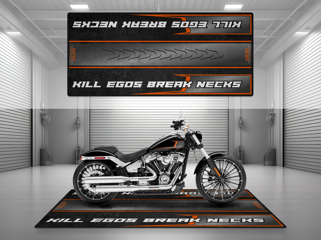 Motorcycle garage pit mat designed for Harley Davidson Breakout in Vivid Black color.