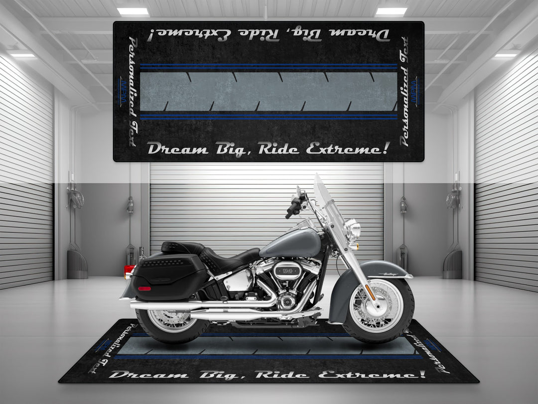 Customizable motorcycle garage pit mat designed for Harley Davidson Heritage in Atlas Silver Metallic color.