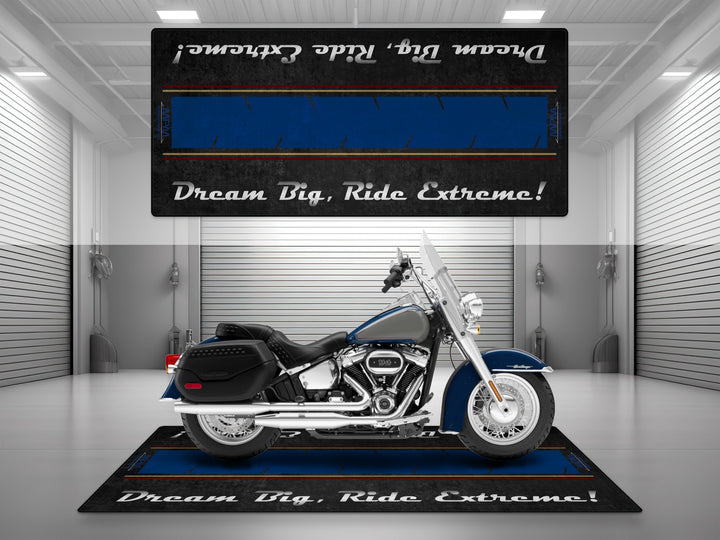 Motorcycle garage pit mat designed for Harley Davidson Heritage in Bright Billiard Blue color.