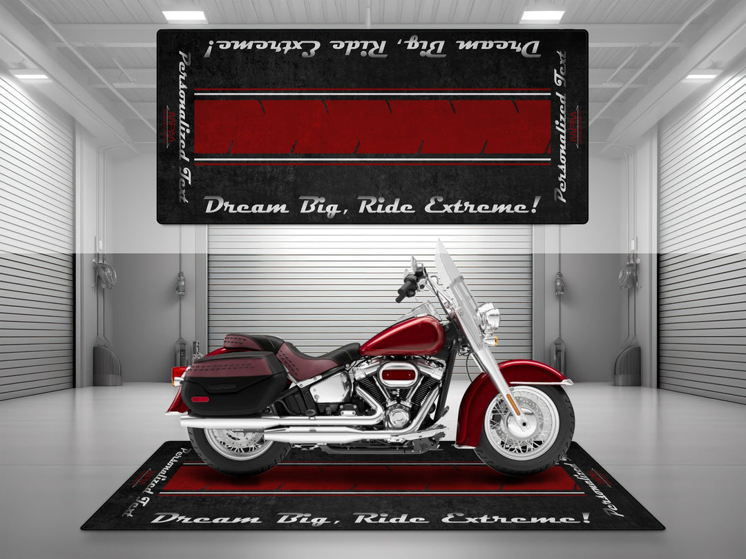Customizable motorcycle garage pit mat designed for Harley Davidson Heritage in Heirloom Red Fade color.