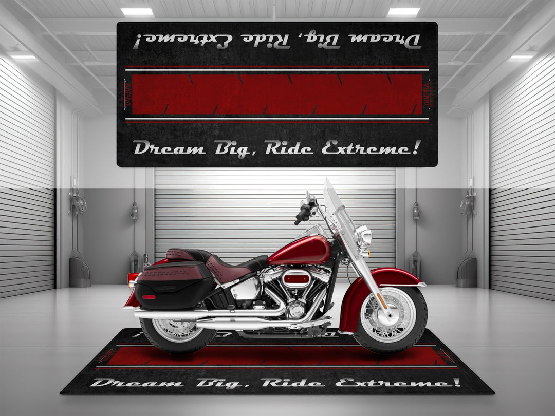 Motorcycle garage pit mat designed for Harley Davidson Heritage in Heirloom Red Fade color