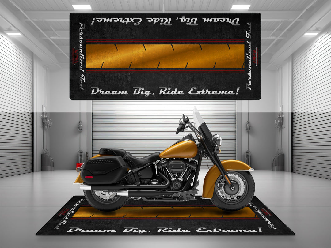 Customizable motorcycle garage pit mat designed for Harley Davidson Heritage in Prospect Gold color.