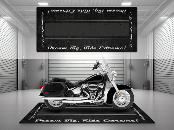 Motorcycle garage pit mat designed for Harley Davidson Heritage in Vivid Black color.