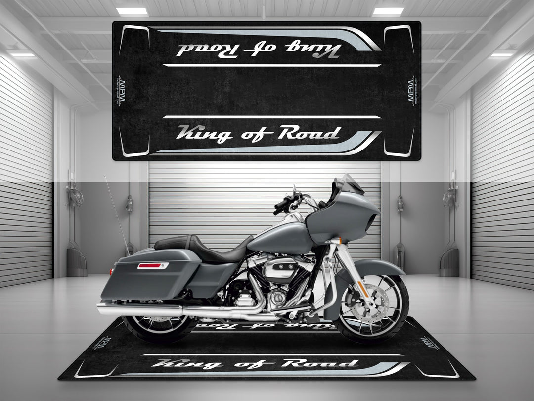 Motorcycle garage pit mat designed for Harley Davidson Road Glide in Atlas Silver Metallic color