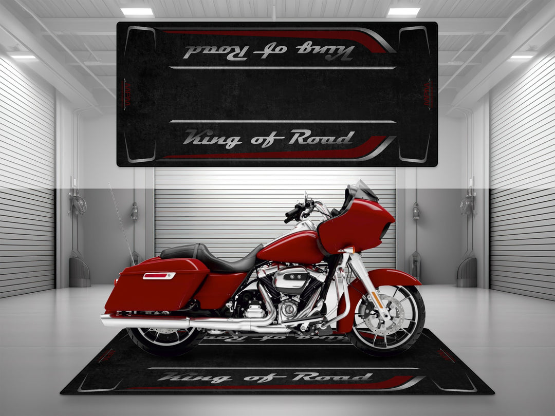 Motorcycle garage pit mat designed for Harley Davidson Road Glide in Redline Red color.