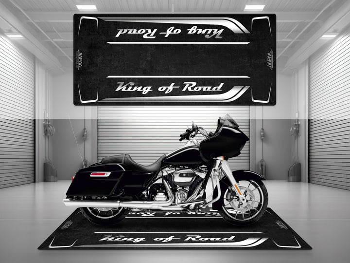 "Motorcycle garage pit mat designed for Harley Davidson Road Glide in Vivid Black color.