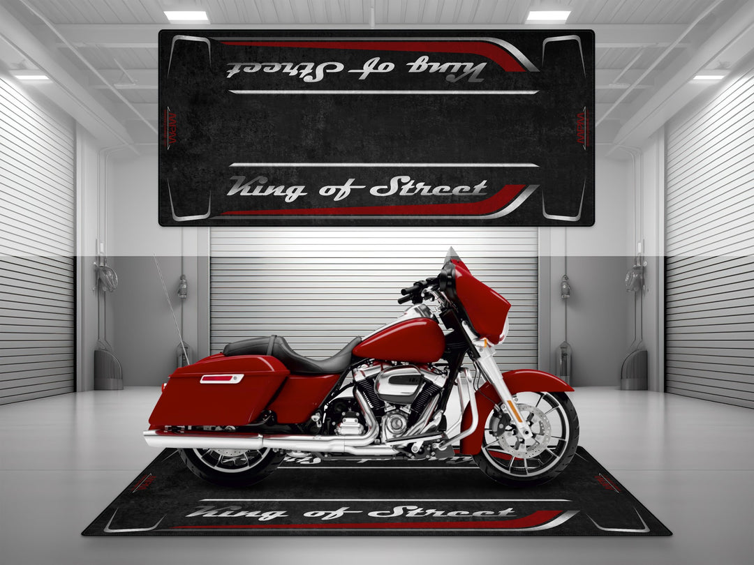 Motorcycle garage pit mat designed for Harley Davidson Street Glide in Redline Red color