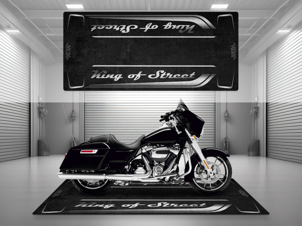 Motorcycle garage pit mat designed for Harley Davidson Street Glide in Vivid Black color