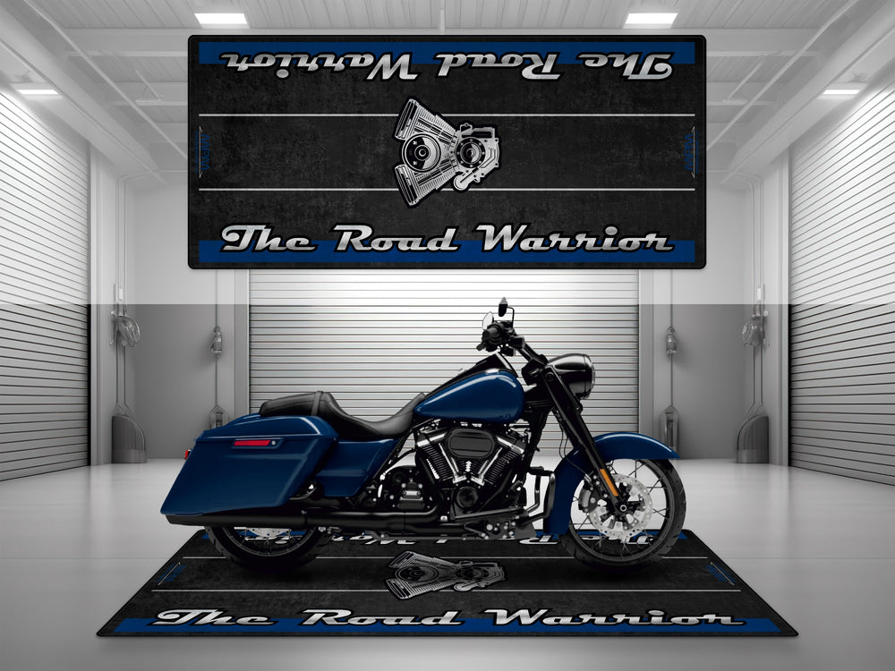 Motorcycle garage pit mat designed for Harley Davidson Road King in Bright Billiard Blue color.