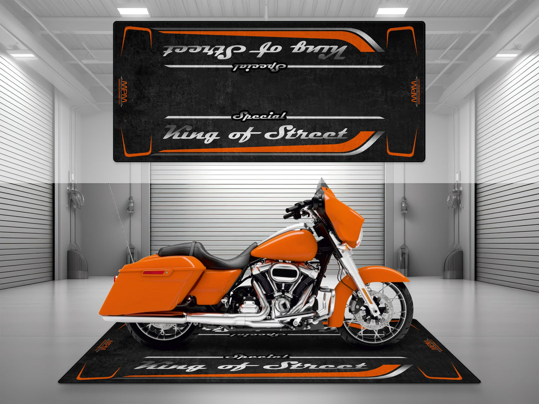 Motorcycle garage pit mat designed for Harley Davidson Street Glide Special in Baja Orange color.