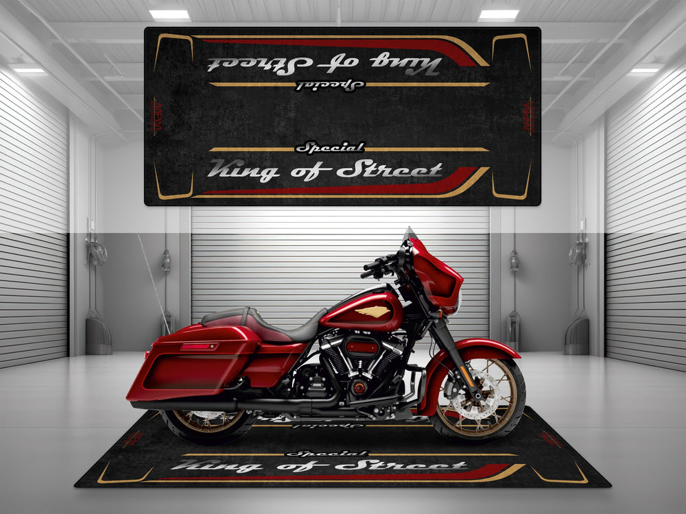 "Motorcycle garage pit mat designed for Harley Davidson Street Glide Special in Heirloom Red Fade color.