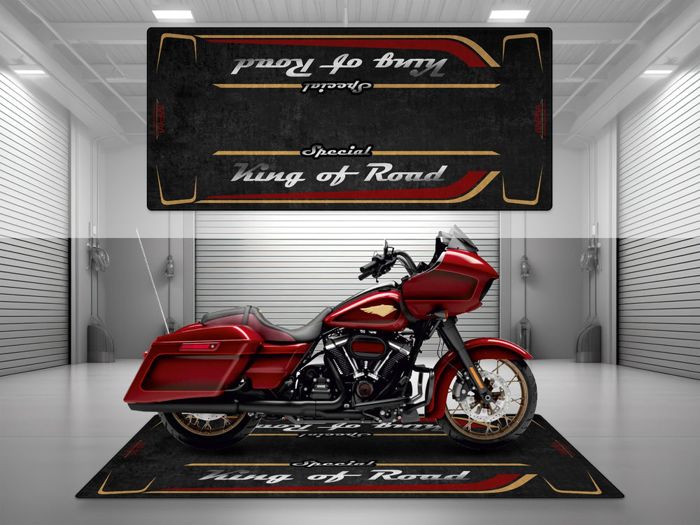 Motorcycle garage pit mat designed for Harley Davidson Road Glide Special in Heirloom Red Fade color.
