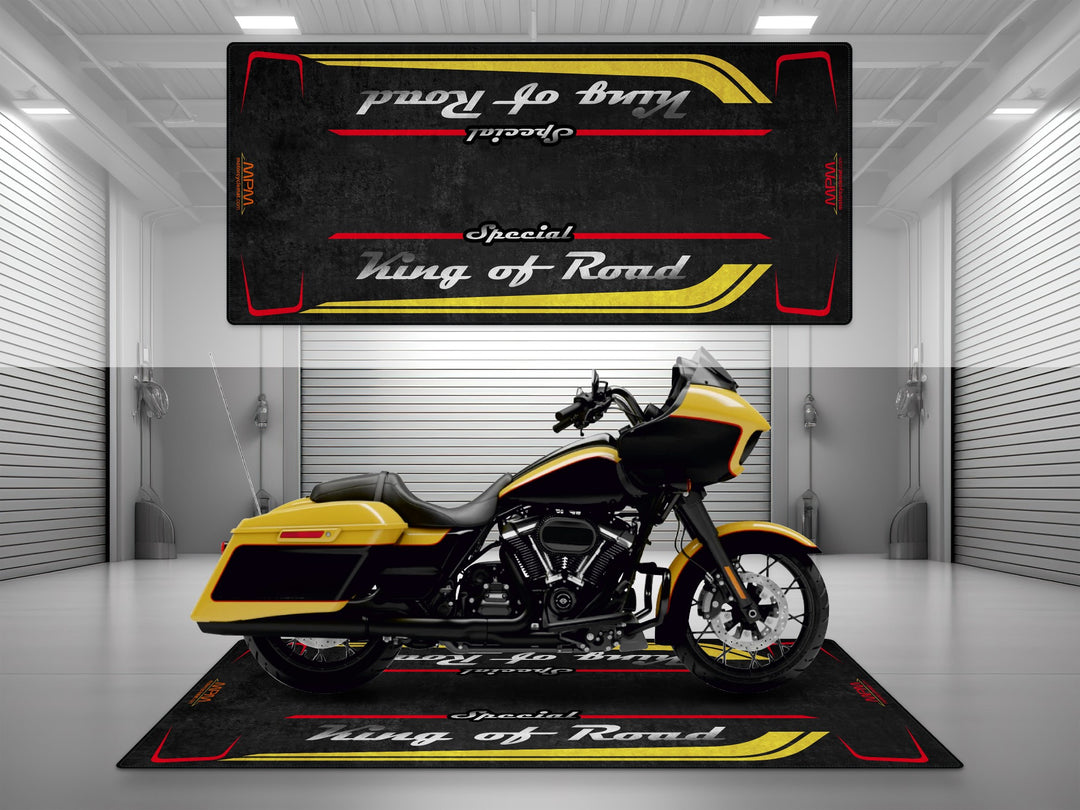 Motorcycle garage pit mat designed for Harley Davidson Road Glide Special in Industrial Yellow color.