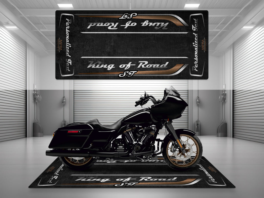 Customizable motorcycle garage pit mat designed for Harley Davidson Road Glide ST in Vivid Black color.