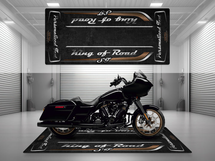 Customizable motorcycle garage pit mat designed for Harley Davidson Road Glide ST in Vivid Black color.