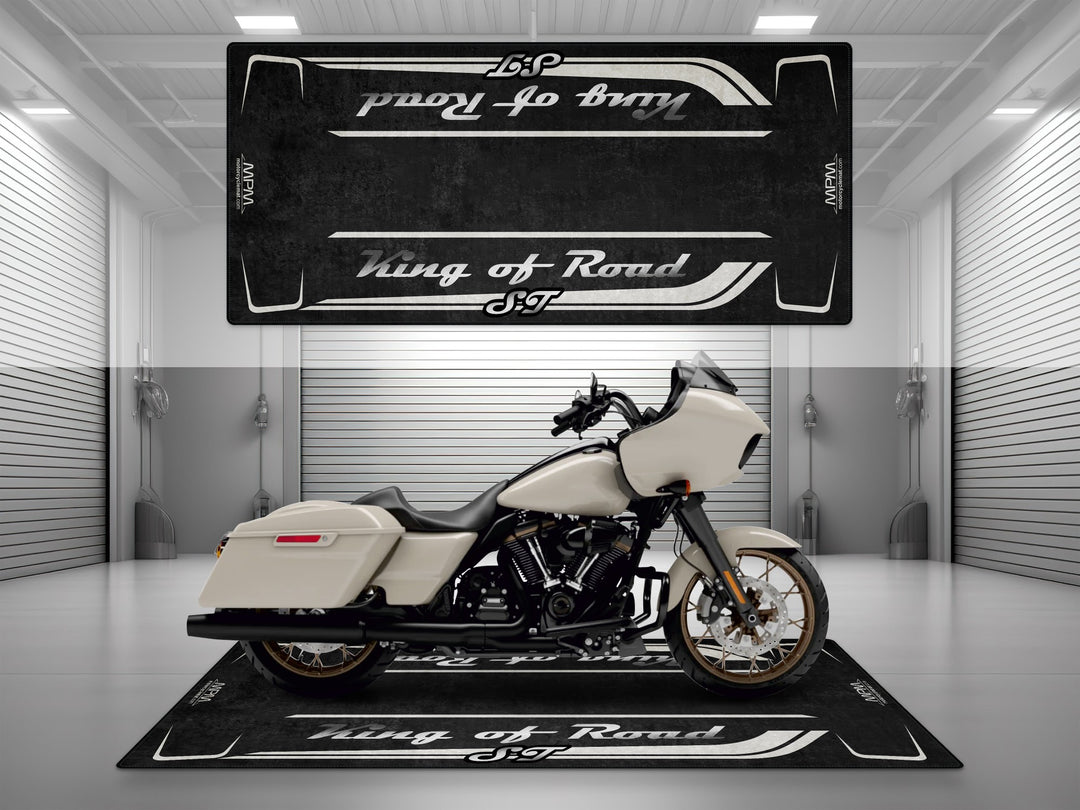 Motorcycle garage pit mat designed for Harley Davidson Road Glide ST in White Sand Pearl color.