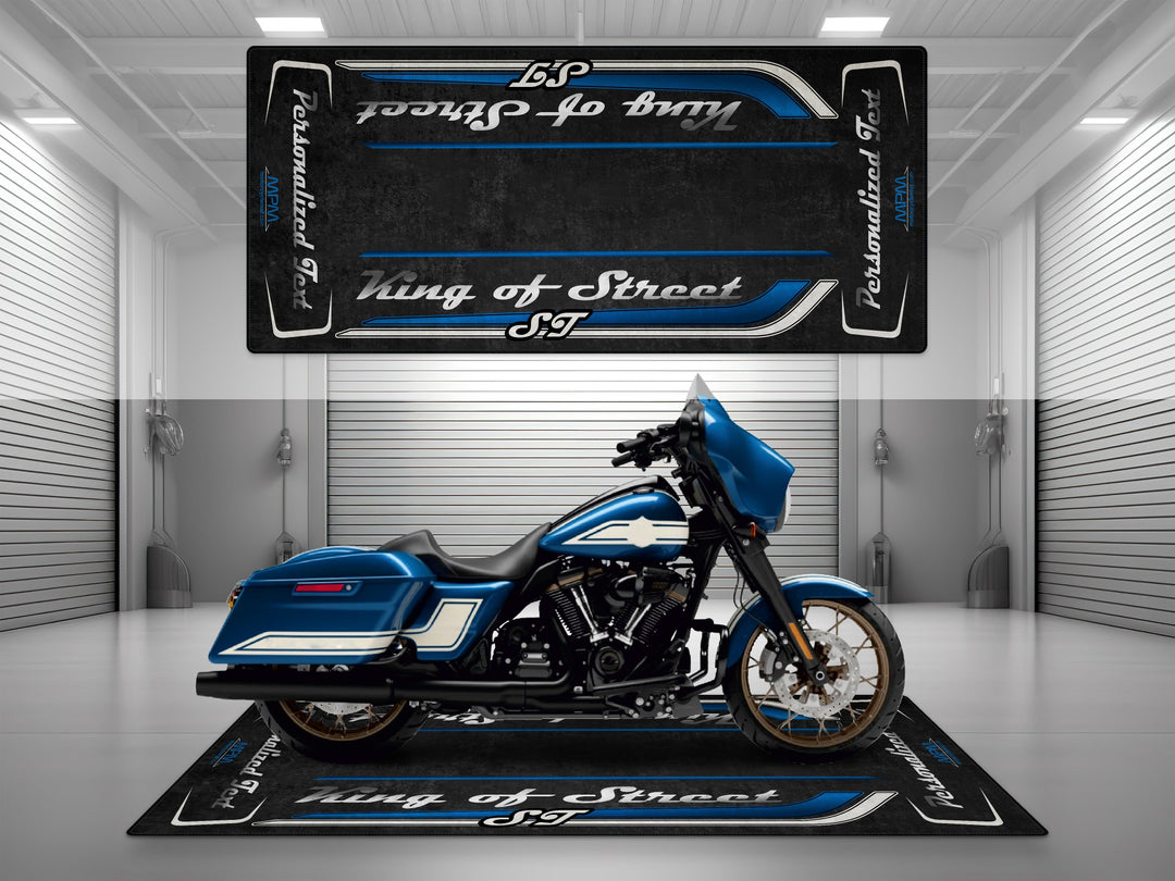 Customizable motorcycle garage pit mat designed for Harley Davidson Street Glide ST in Fast Johnnie color.