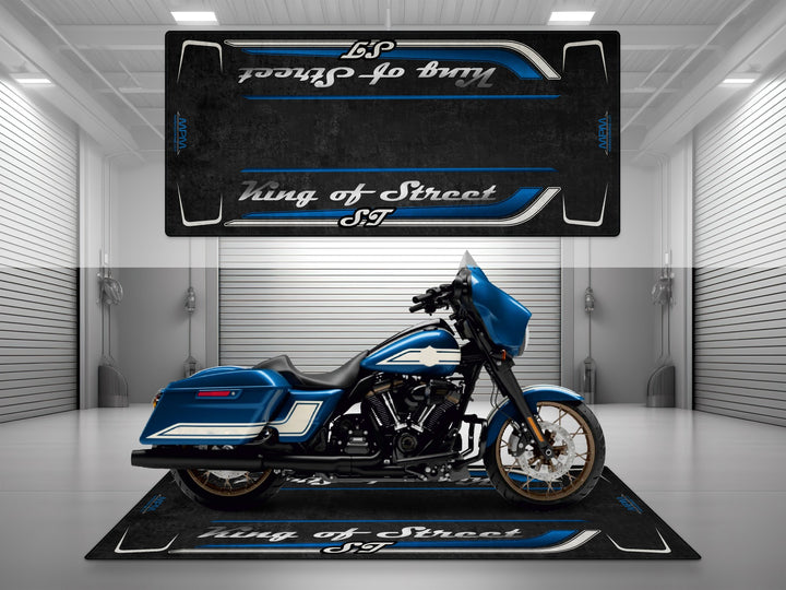 Motorcycle garage pit mat designed for Harley Davidson Street Glide ST in Fast Johnnie color.