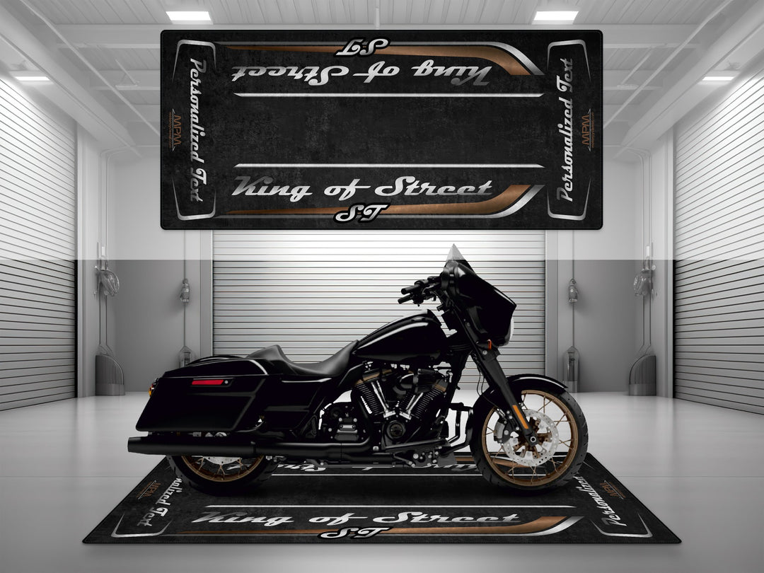 "Customizable motorcycle garage pit mat designed for Harley Davidson Street Glide ST in Vivid Black color.